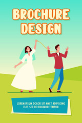 Cheerful bride leading groom on leash. Wedding day, dress, smoking, metaphor. Flat vector illustration. Abusive relationship, manipulation concept for banner, website design or landing web page