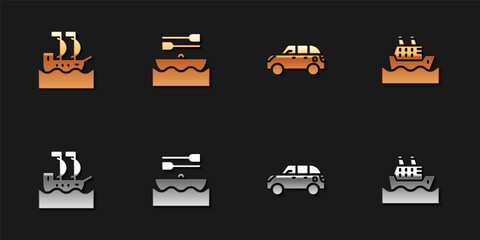 Set Sailboat, Boat with oars, Hatchback car and Cruise ship icon. Vector.