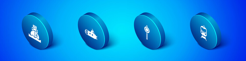 Set Isometric Cargo ship, Road traffic signpost, Train and railway and Submarine icon. Vector.
