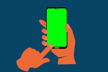 illustration of hand holding black smartphone and finger pointing at green screen