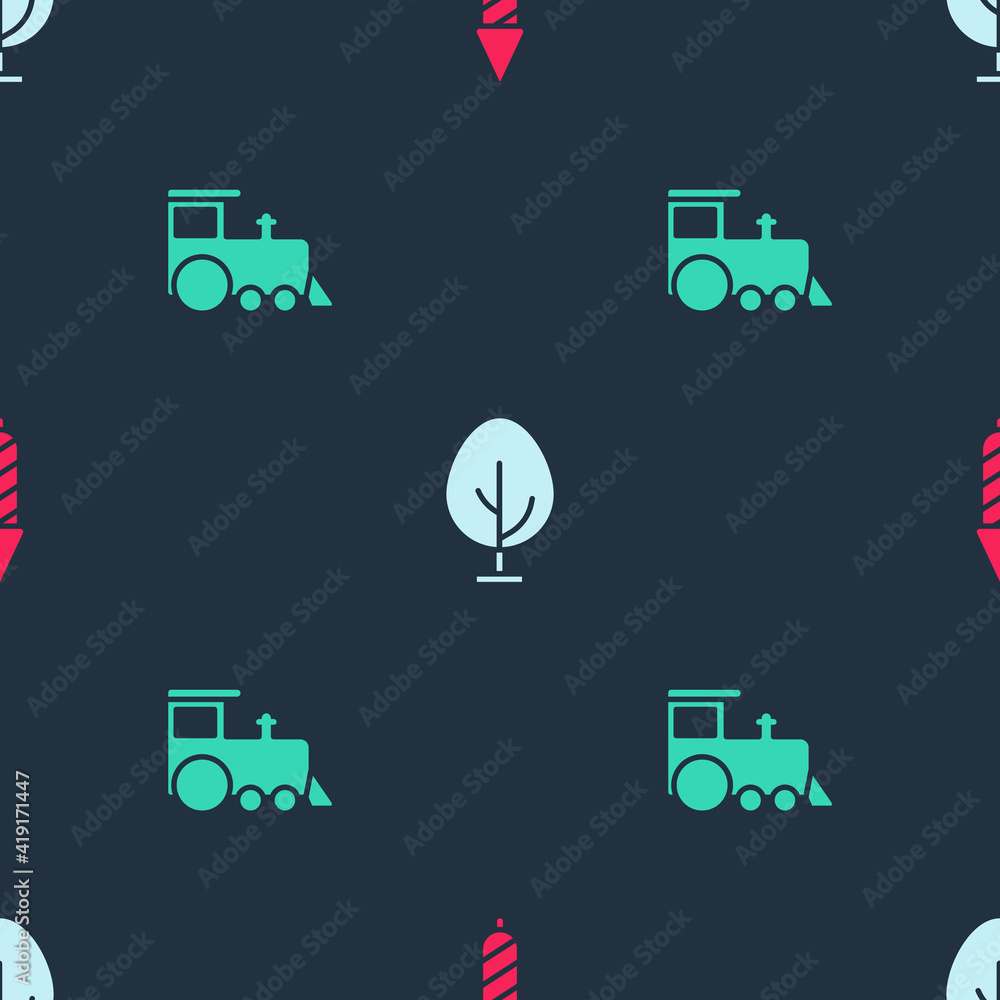 Poster set firework rocket, tree and toy train on seamless pattern. vector.