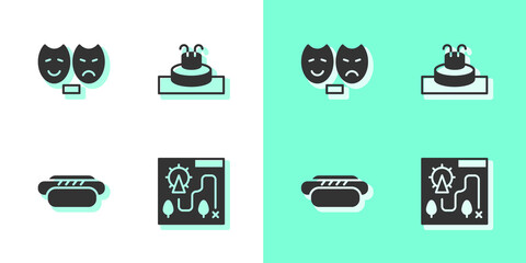 Set Amusement park map, Comedy and tragedy masks, Hotdog and Fountain icon. Vector.