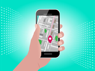 Vector illustration of a smartphone in your hand with a map image and a GPS pointer on the screen. The concept of mobile GPS navigation and tracking. . Location tracking app on your smartphone