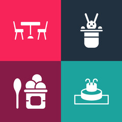 Set pop art Fountain, Ice cream bowl, Magician hat and rabbit and Picnic table with chairs icon. Vector.