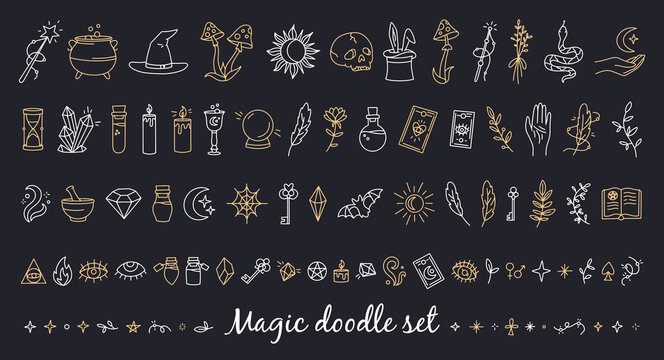 A magical set of doodle style icons. Esoteric items. Vector linear witchcraft and mystical symbols.