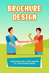 Man investing money in startup. Partners, lightbulb, cash, handshake flat vector illustration. Business idea, investment concept for banner, website design or landing web page