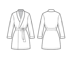 Bathrobe Dressing gown technical fashion illustration with wrap opening, mini length, oversized, tie, long sleeves. Flat garment apparel front back, white color style. Women, men unisex CAD mockup