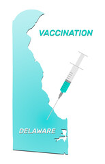Vaccination of Delaware. Coronavirus vaccine concept, syringe of vaccine and needle planting on Delaware map. Vector illustration of a syringe with map and vaccine.