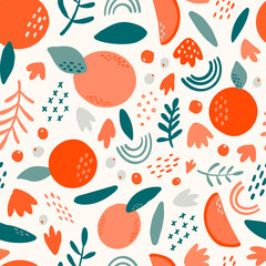 abstract seamless pattern with oranges and leaves on white background for wrapping paper, textile and fabric prints, posters, packaging, wallpaper, scrapbooking, kids fashion, etc. 