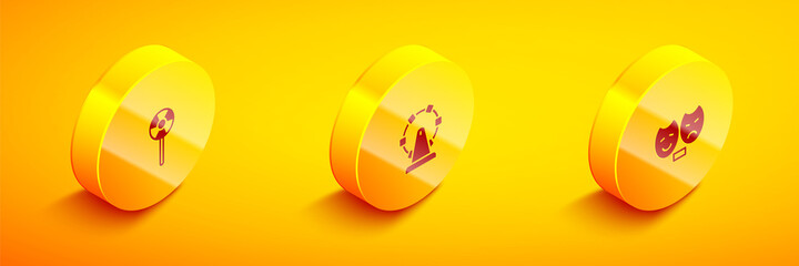 Set Isometric Lollipop, Ferris wheel and Comedy and tragedy masks icon. Vector.