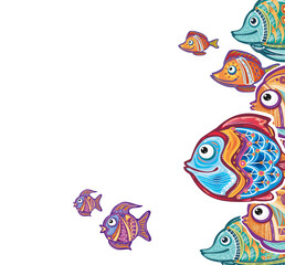 Frame with Ornamental decorative fishes in funny style