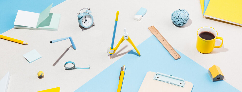 School supplies, creative flat lay desk.