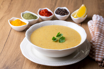 Traditional delicious Turkish foods; Red lentil soup (Turkish name; Mercimek corbasi)