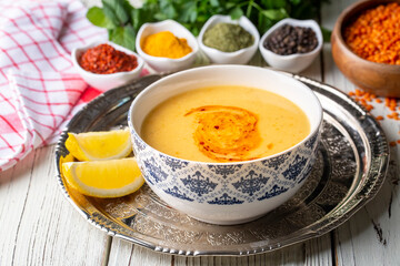 Traditional delicious Turkish foods; Red lentil soup (Turkish name; Mercimek corbasi)