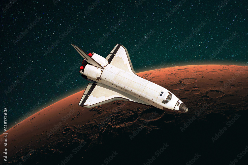 Poster space rocket flies in outer space to the red planet mars. shuttle spacecraft is on a mission and exp