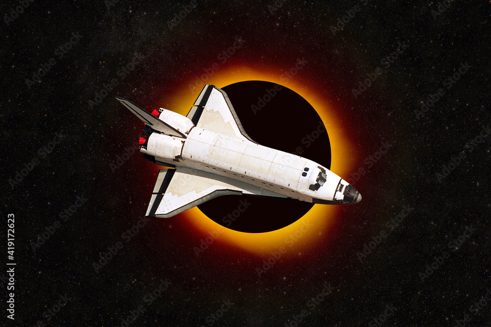 Poster Space rocket will fly into outer space with a total eclipse of the red planet Mars with a bright orange glow. Space shuttle explores the universe. Eclipse and spacecraft, concept