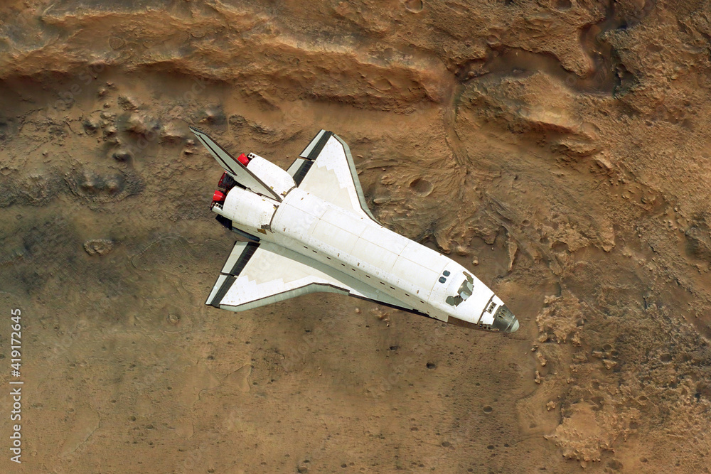 Poster spaceship flies over mars landscape with craters, mountains and desert, top view. space mission trav