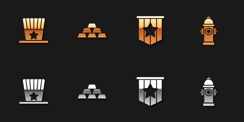 Set Patriotic American top hat, Gold bars, flag and Fire hydrant icon. Vector.