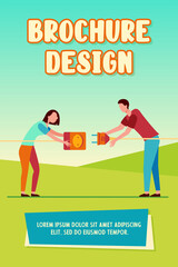 Two people connecting plug and socket. Man and woman pulling cords with outlet and plug flat vector illustration. Wire connection, electricity concept for banner, website design or landing web page