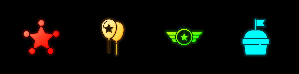 Set Hexagram sheriff, Balloons, Star American military and Cake icon. Vector.