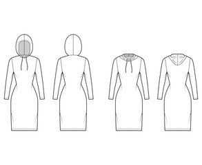 Set of Hoody dresses technical fashion illustration with long sleeves, knee length, fitted body, Pencil fullness. Flat apparel template front, back, white color style. Women, men, unisex CAD mockup