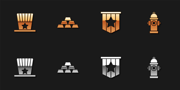 Set Patriotic American top hat, Gold bars, flag and Fire hydrant icon. Vector.