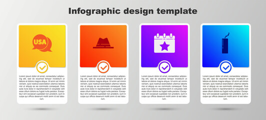 Set USA label, Man hat with ribbon, Calendar date July 4 and Dynamite bomb. Business infographic template. Vector.