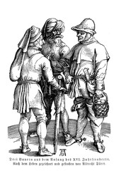 Three Peasants in Conversation, Renaissance times, engraving by Albrecht Duerer 1497