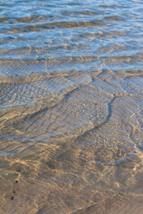 Fototapeta na wymiar Sand ripples on an icy crystal clear shallow lake with small waves 