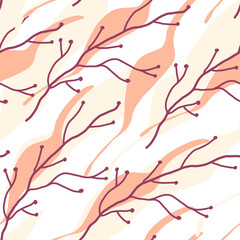 Abstract modern floral seamless pattern with branches and leaves, in light beige, pink and dark purple colors