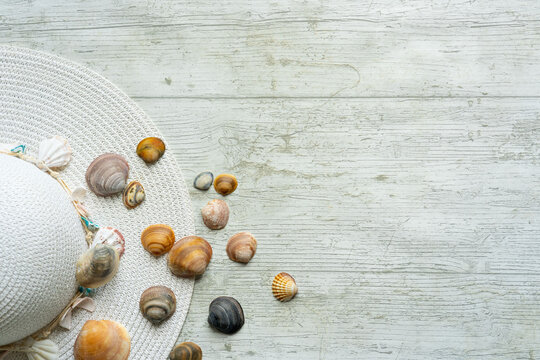 summery scene with pamela hat on white wooden background with shells and copyspace