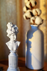 A small plaster antique female figure, her shadow and a vase with a cotton tree. In the style of monumentalism.