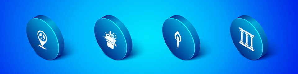 Set Isometric Location peace, Torch flame, Prison window and Hand grenade icon. Vector.