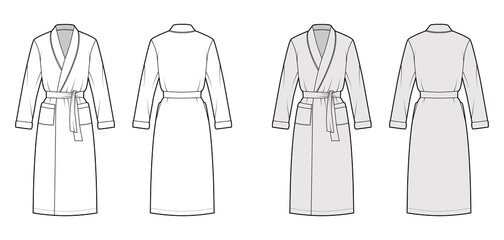 Bathrobe Dressing gown technical fashion illustration with wrap opening, knee length, oversized, tie, pocket, long sleeves. Flat garment front back, white, grey color style. Women, men unisex CAD