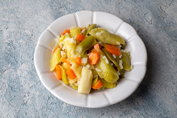 Turkish Cuisine. Leek with Olive Oil (Turkish name; Zeytinyagli Pirasa) Turkish Braised Leeks and Carrots In Olive Oil.
