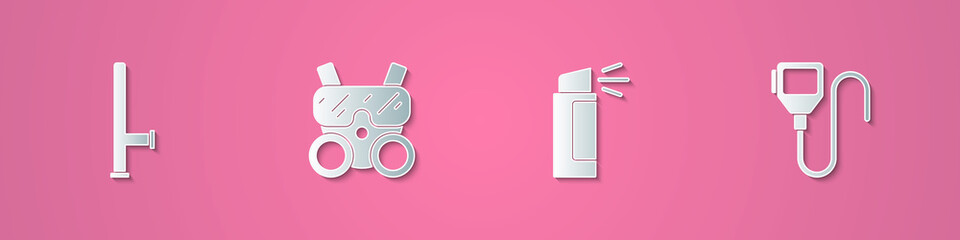 Set paper cut Police rubber baton, Gas mask, Pepper spray and Walkie talkie icon. Paper art style. Vector.