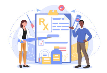 Rx medical prescription Doctor writes signature in recipe disease therapy pills painkiller drugs. Pharmacy control. Flat abstract metaphor cartoon vector illustration isolated on white background