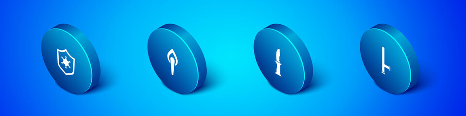 Set Isometric Police badge, Military knife, rubber baton and Torch flame icon. Vector.