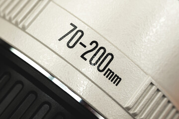 Camera lens marking on macro, telephoto 70-200mm lens close up