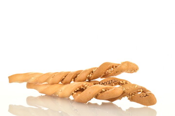 Several delicious grissini bread sticks, close-up, isolated on white.