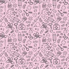 Seamless doodle with pandemic medical supplies on a pink background.