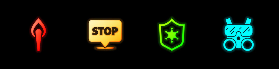 Set Torch flame, Protest, Police badge and Gas mask icon. Vector.