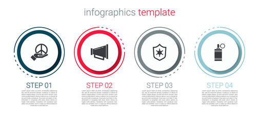 Set Peace, Megaphone, Police badge and Hand grenade. Business infographic template. Vector.