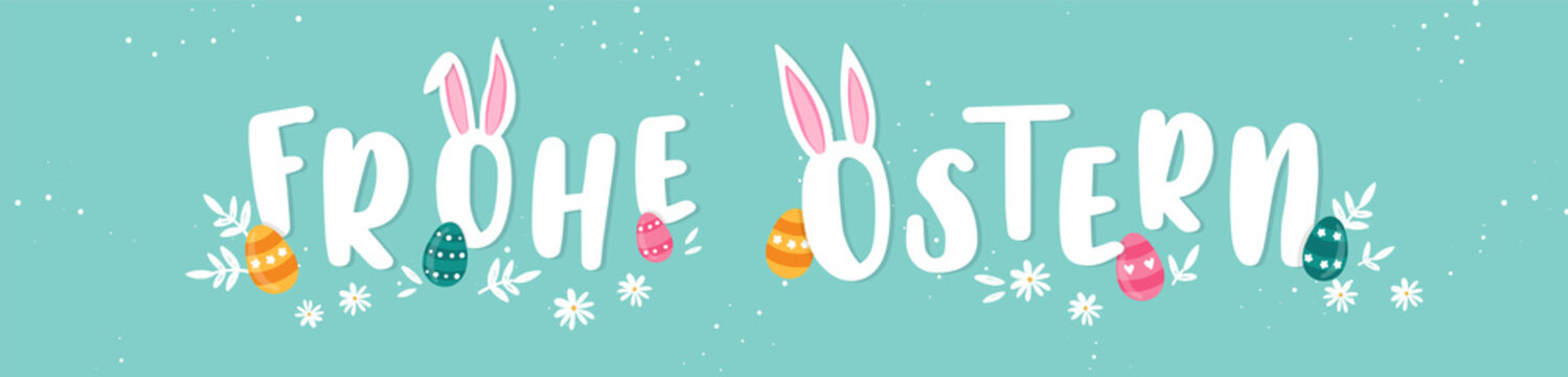 Happy Easter Typographical Background saying in german language "Happy Easter" With Easter Eggs, Ears and decoration - great for banners, wallpapers, invitations, cover images - vector design