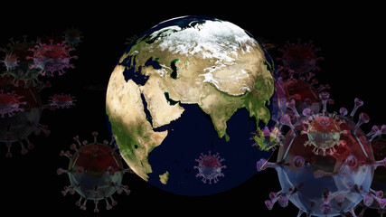 Artistic 3D illustration of the corona virus and earth globe