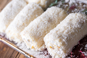 Traditional Turkish desserts; palace wrap with coconut (Turkish name; Saray wrap or Saray sarmasi)