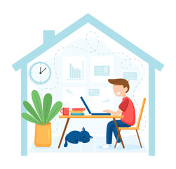 Man working from home sitting at a table. Home office concept, man working from home, student or freelancer. Web communication. Illustration in flat style - 419175039