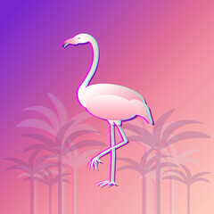Pink tropical flamingo illustration. Beautiful wild exotic bird with palm trees.