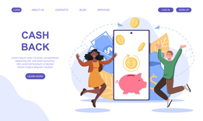 Multiracial happy couple rejoice for cash back rewards concept dancing, positive face, smiling, shouting. Flat cartoon vector illustration. website, web page, landing page, ui template design.