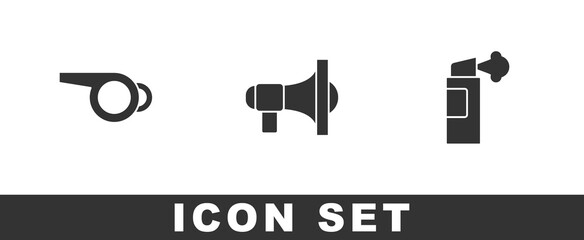 Set Whistle, Megaphone and Pepper spray icon. Vector.